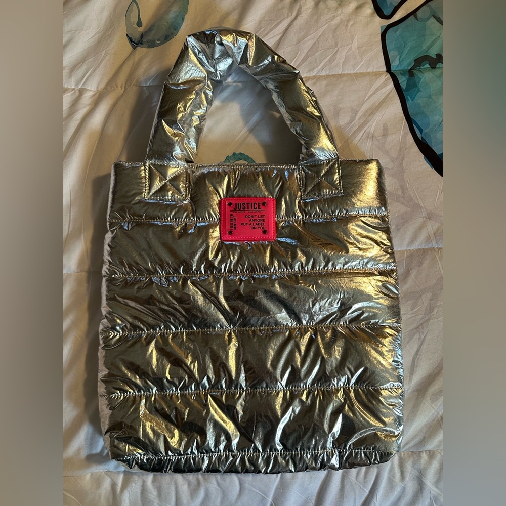 Justice Silver Quilted Puffer Tote Bag, Kid Girls Bag Purse